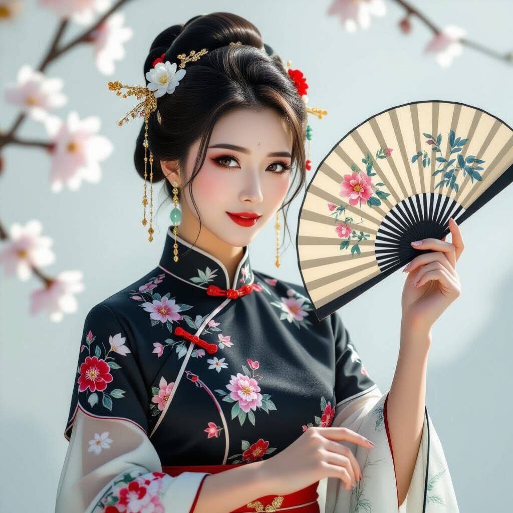 Elegant Woman's Fan Dance in Chinese Qipao