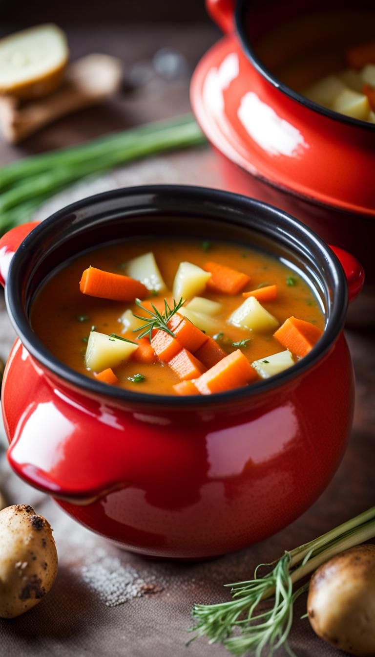 Delicious Vegetable Soup in Red Ceramic Pot