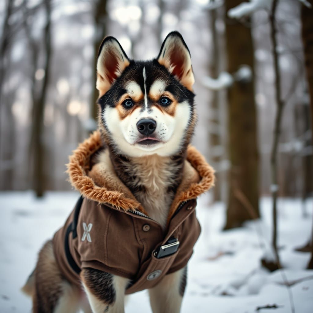Siberian Husky Puppy in Snowy Forest Landscape