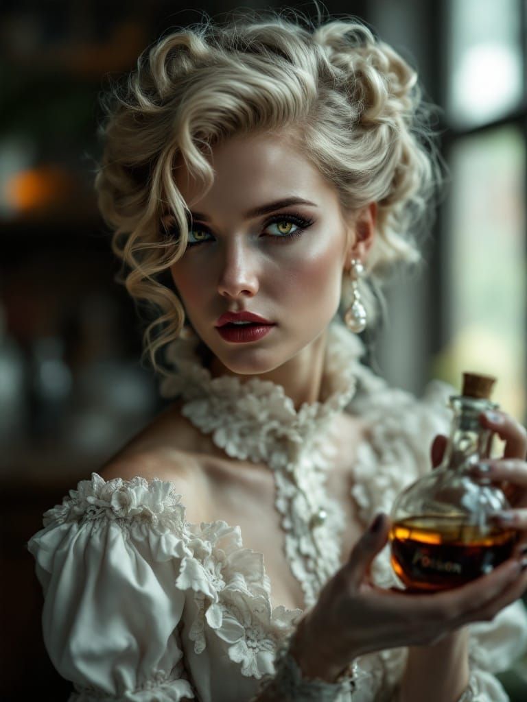 Elegant Edwardian Woman in Dark Victorian Laboratory