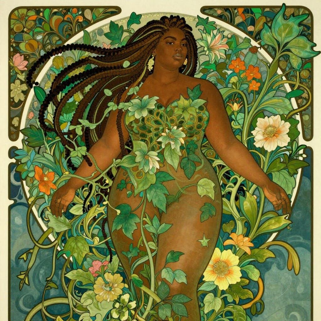 Art Nouveau Black Woman Emerges From Lush Floral Tapestry