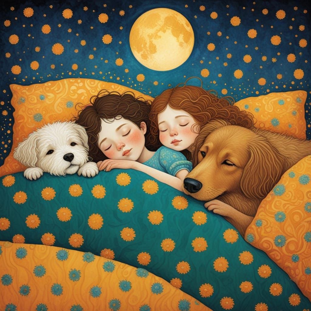 Children Sleeping: Klimt-Inspired Storybook Illustration