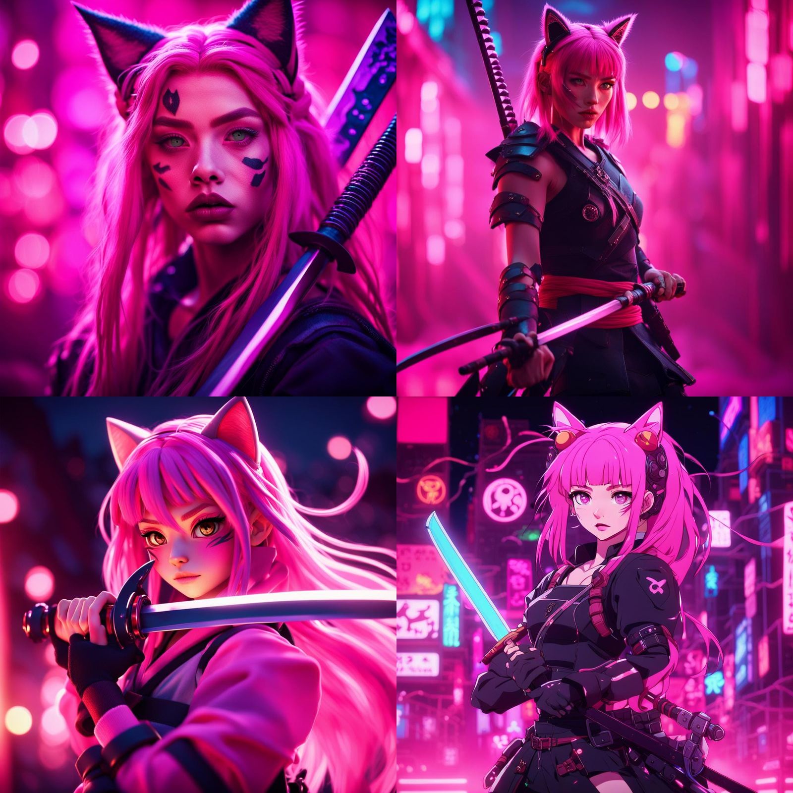 Pink-Haired Catgirl Warrior with Katana: Cinematic Film Stil...