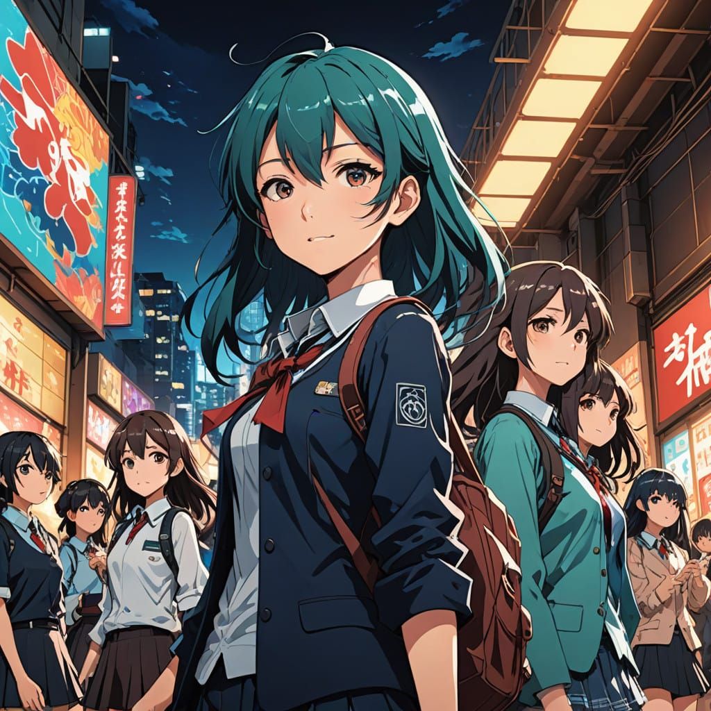 Vibrant Schoolgirls in Anime-Inspired Scene