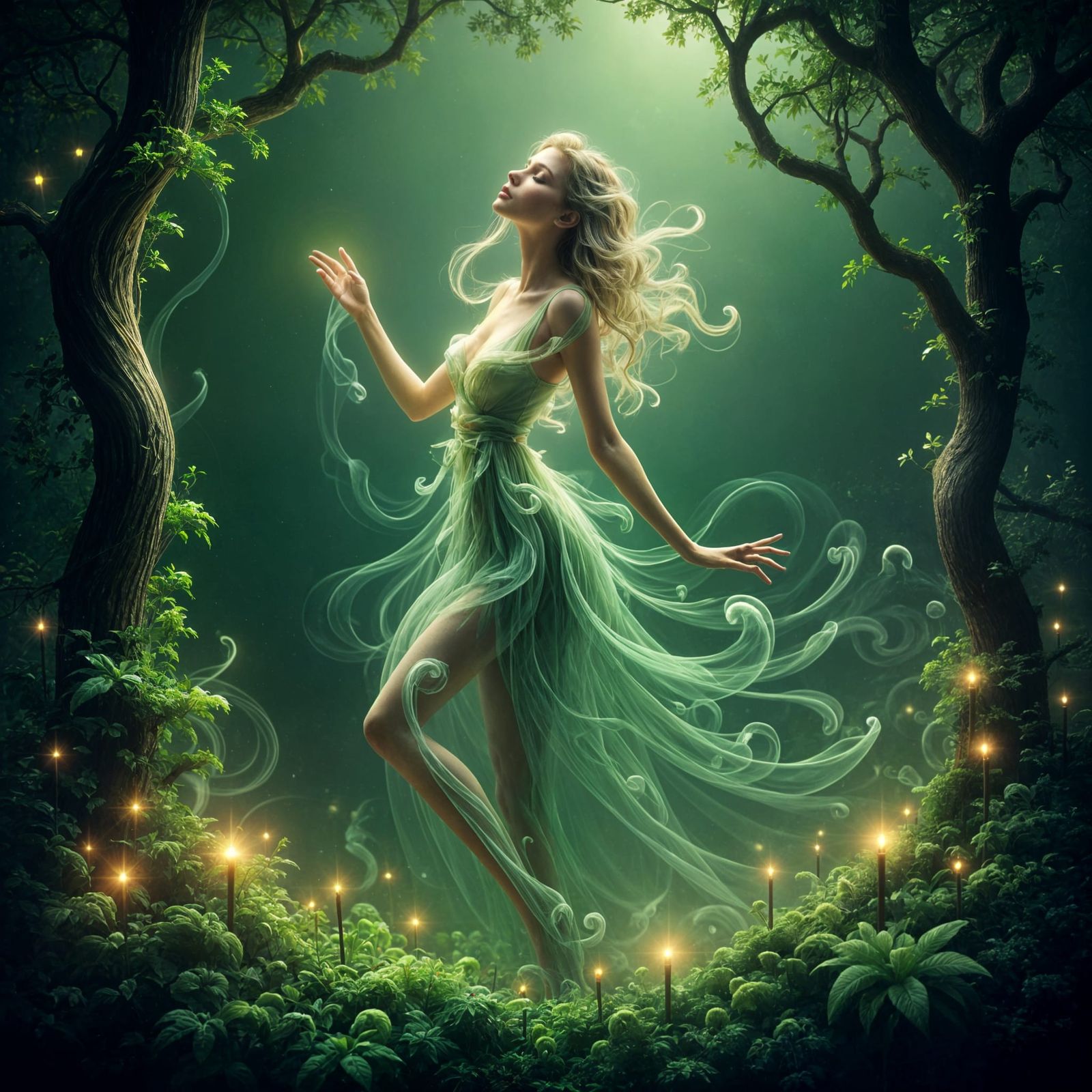 Ethereal Magic in a Lush Forest Scene