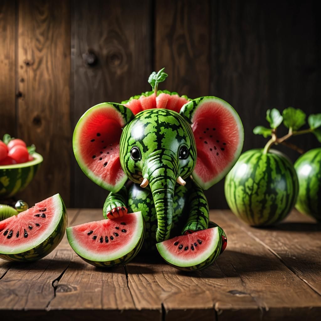 An elephant with a body made from a watermelon