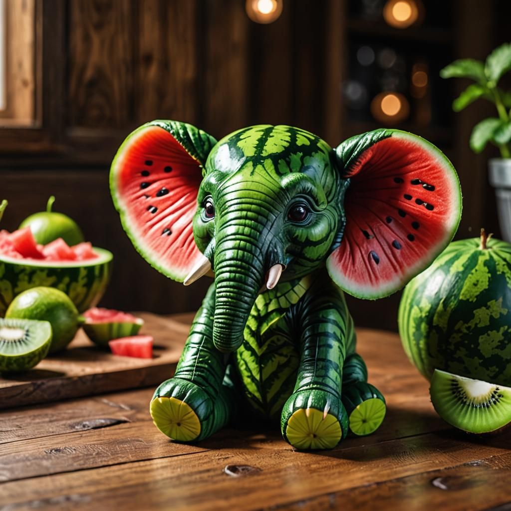 An elephant with a body made from a watermelon