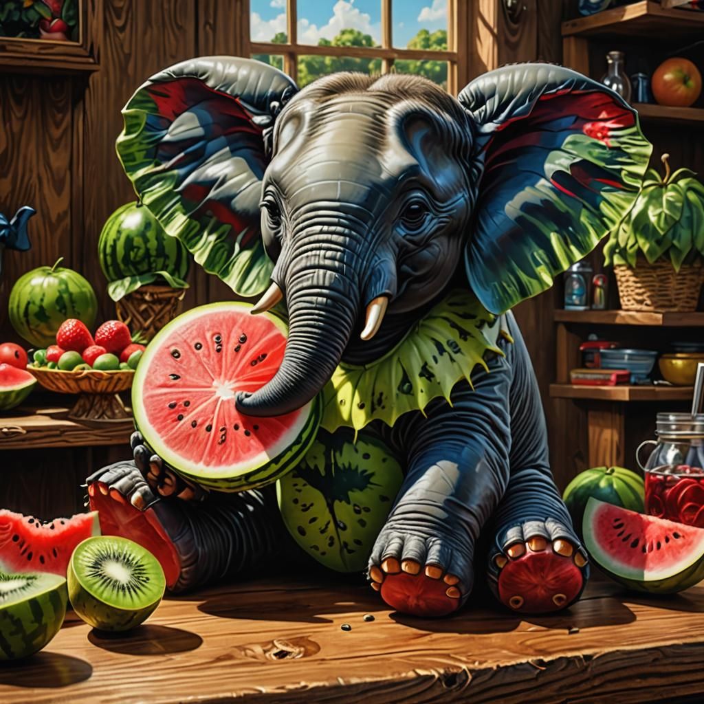 An elephant with a body made from a watermelon
