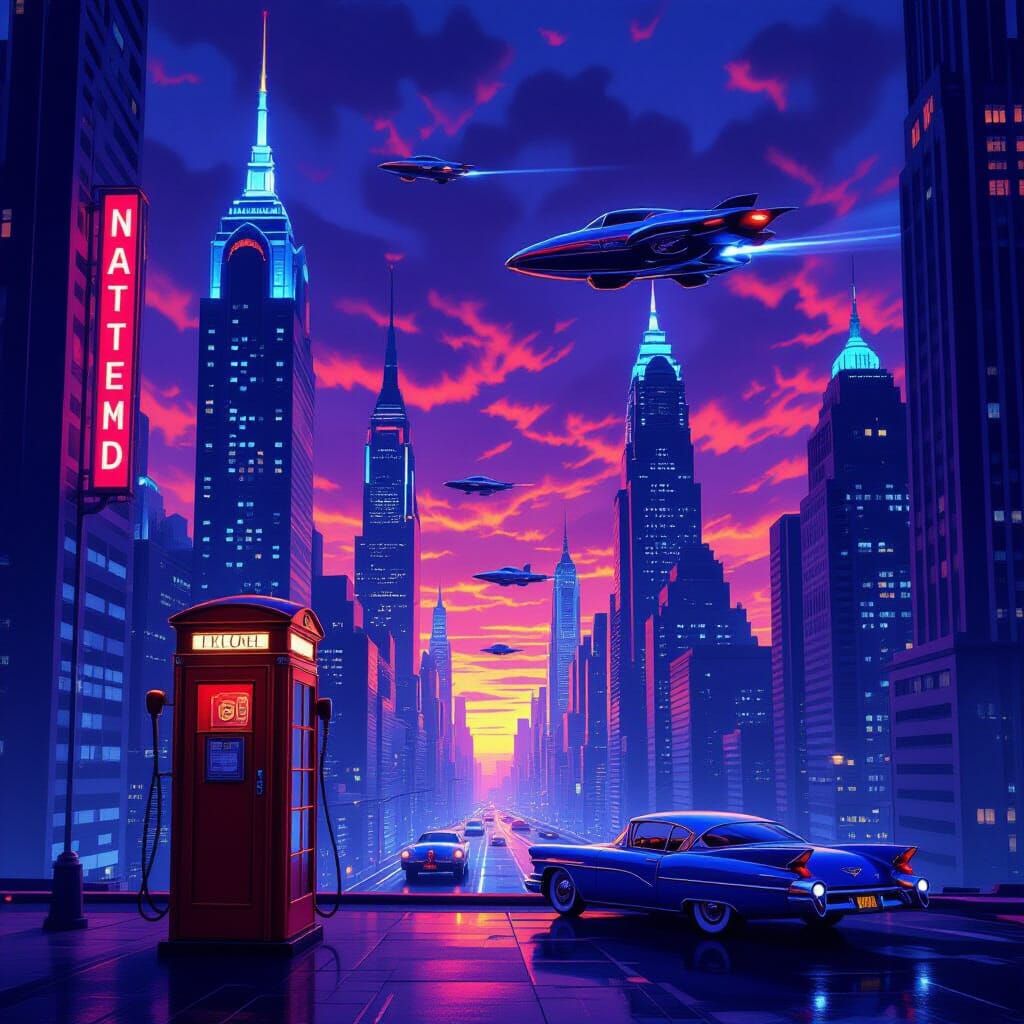 Retro-Futuristic Cityscape with Flying Cars at Twilight