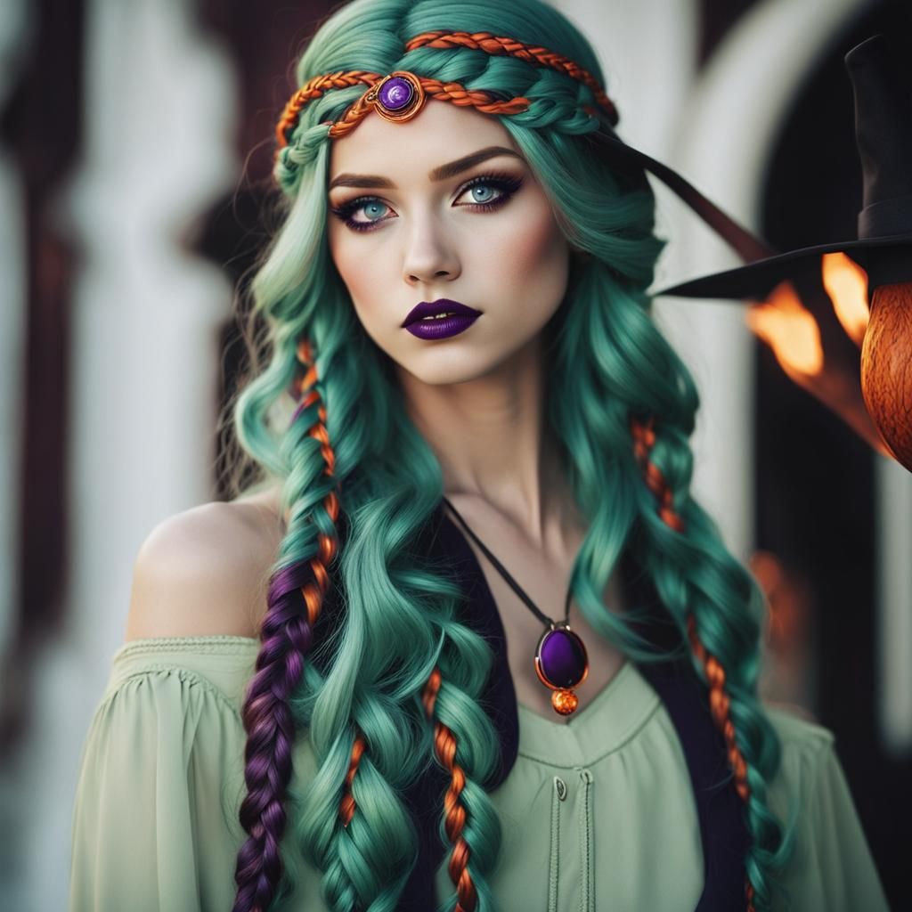 Fiery Haired Witch with Purple Eyes Portrait