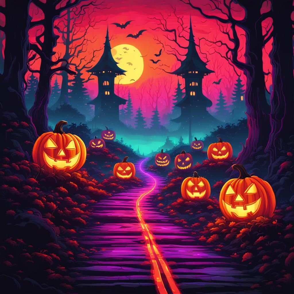 Neon Synthwave Jack-o'-Lanterns Light Misty Forest Path