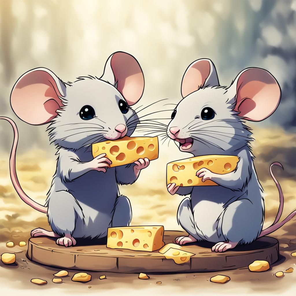 Cute Rats Enjoying Cheese in Anime Style