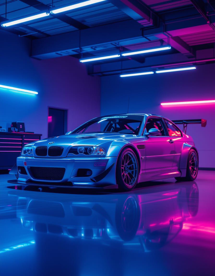 BMW M3 GTR E46 in Neon-Lit Modern Garage