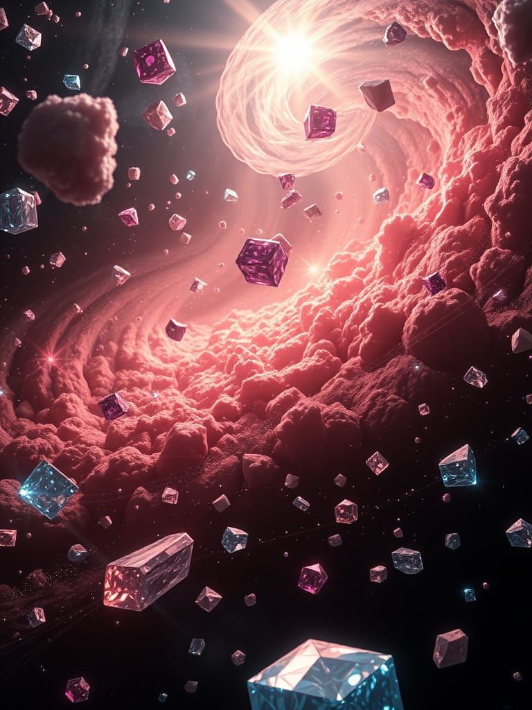 Neon Cosmos with Floating Gemstones in Hyperrealism