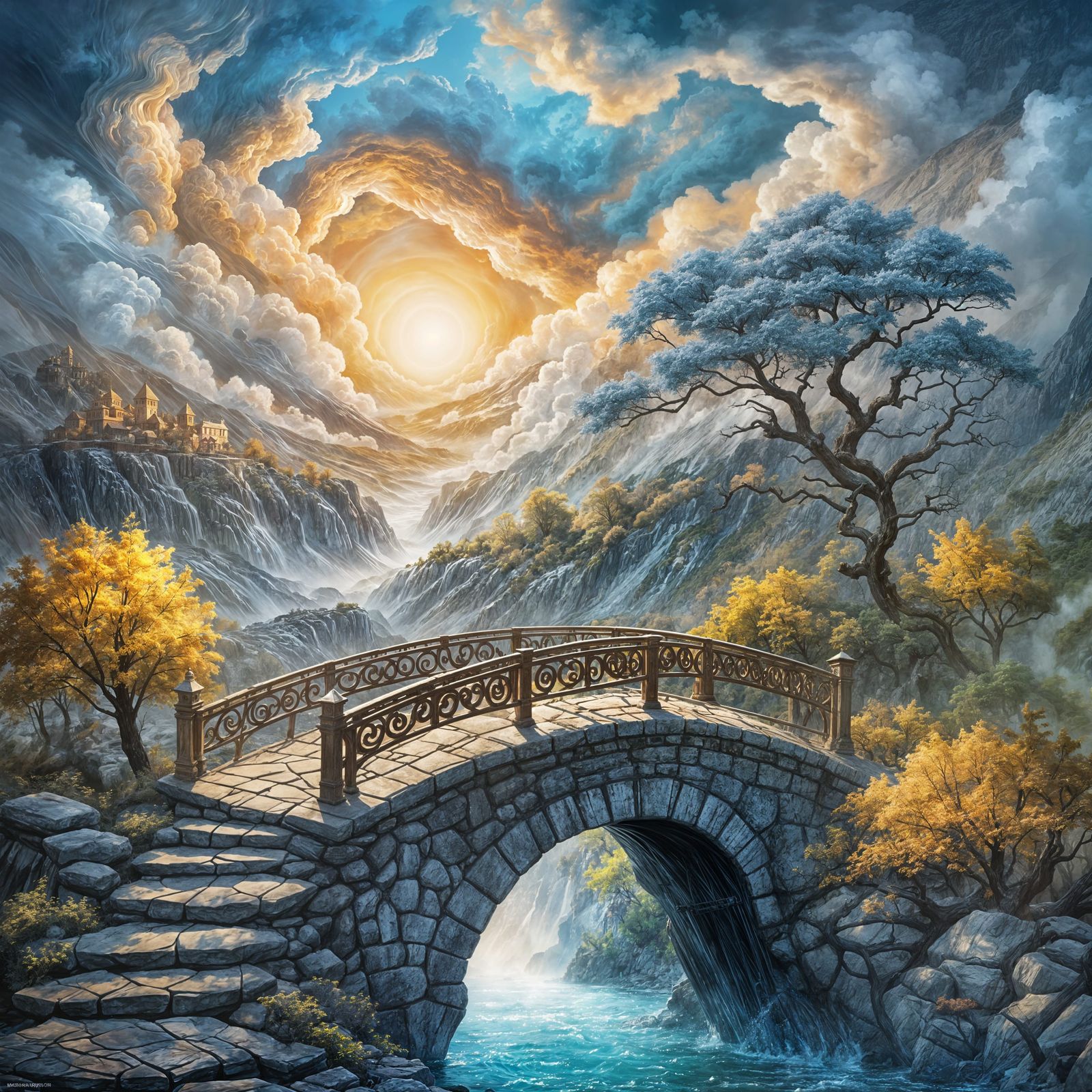 Majestic Ancient Carriage on Stone Bridge Fantasy Painting
