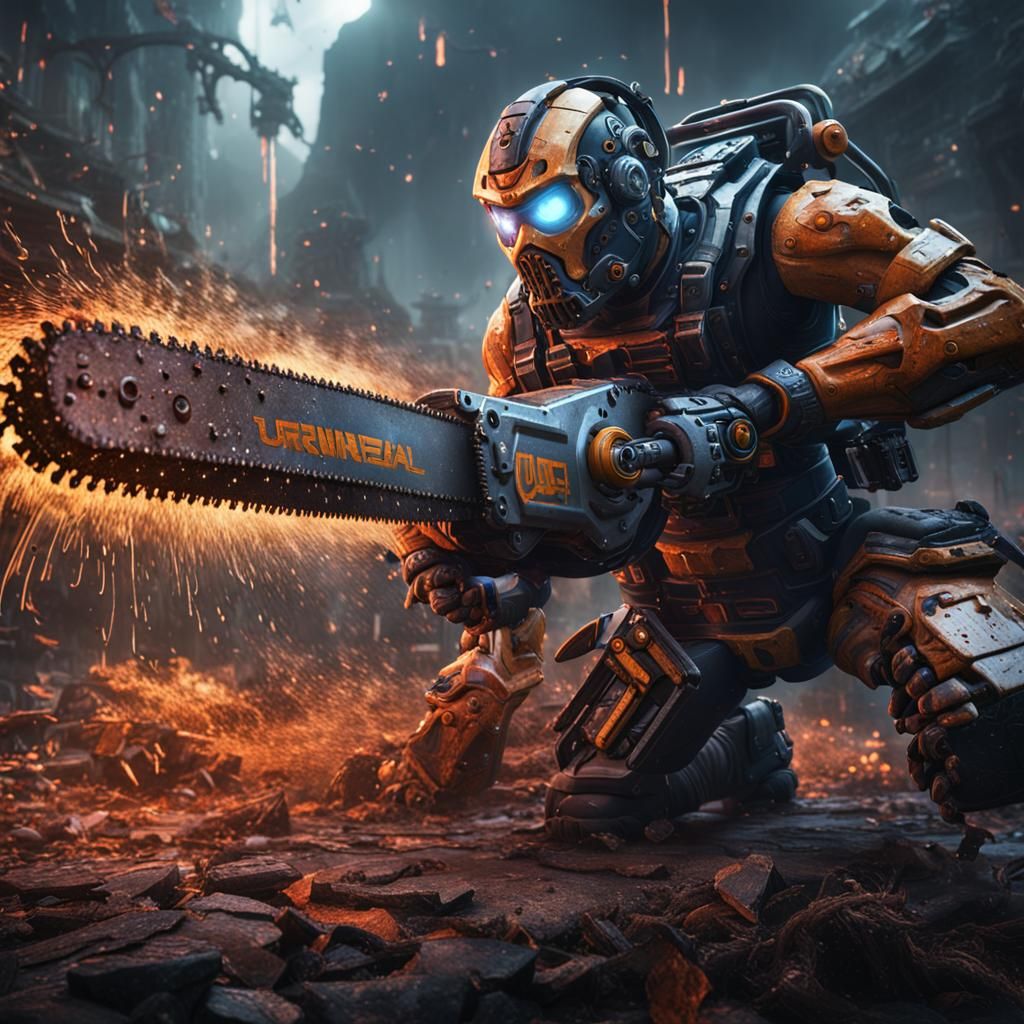 Cyborg with Chainsaw: Detailed Matte Painting