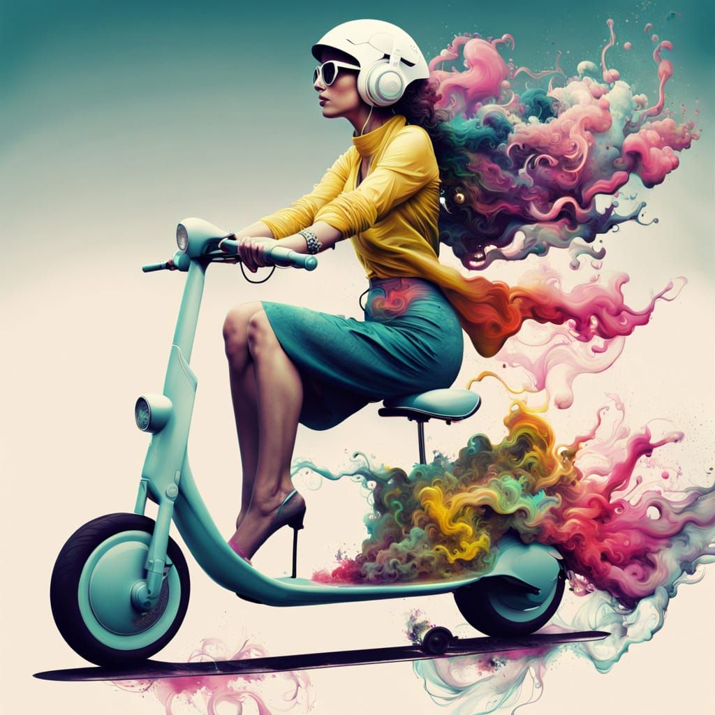 Surreal E-Scooter Rider in Ink Painting Style