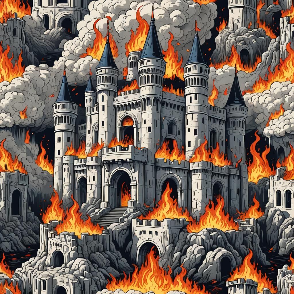 White Castle Ablaze: Hyperdetailed Retro Art