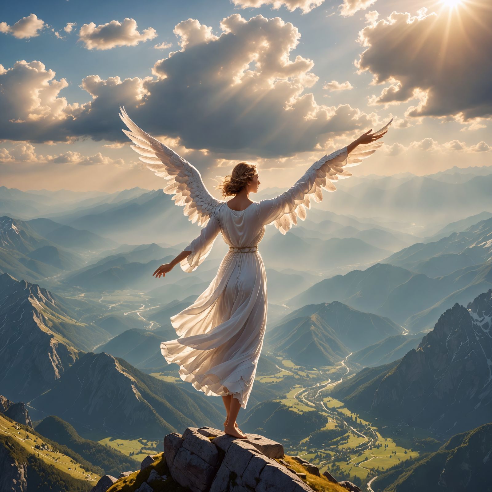 Angel Spreading Wings Over Mountains in Divine Light