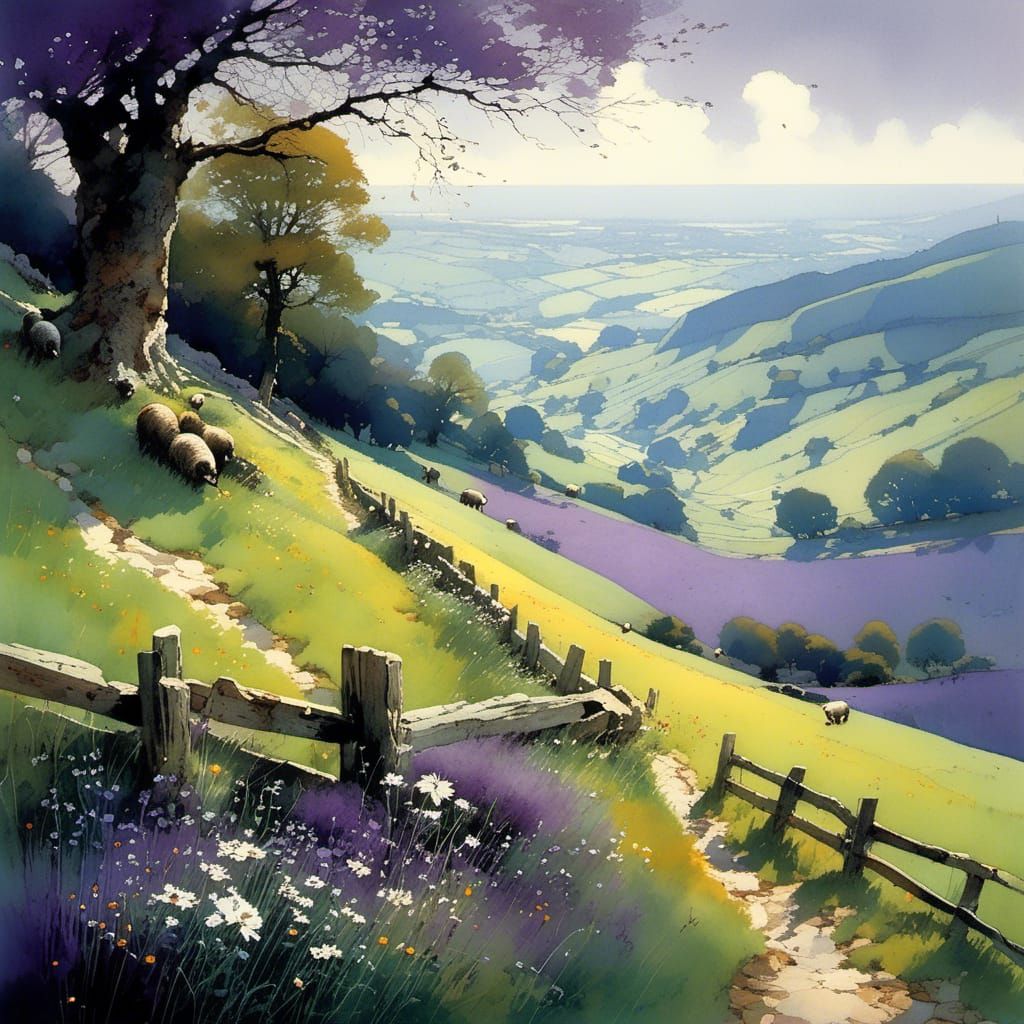 Blooming Meadow with Stone Path, Watercolor Style