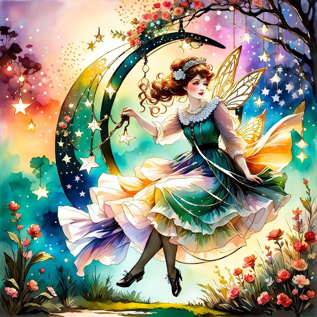 Edwardian Woman in Whimsical Watercolor Garden