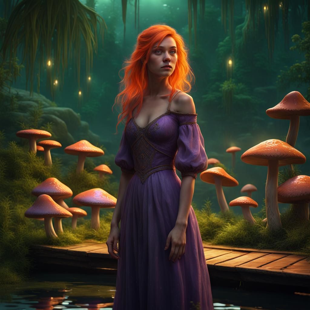 Girl on Bayou Dock with Glowing Mushrooms