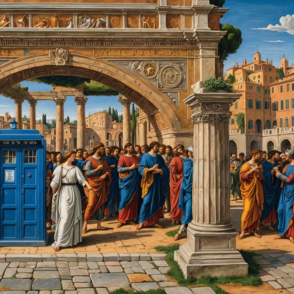 TARDIS in Colosseum: A Renaissance Oil Painting