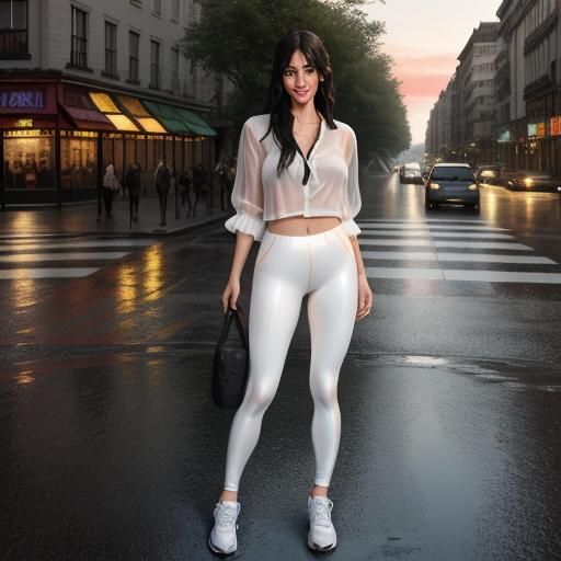 Wet Skin Woman in Peach Outfit on City Street