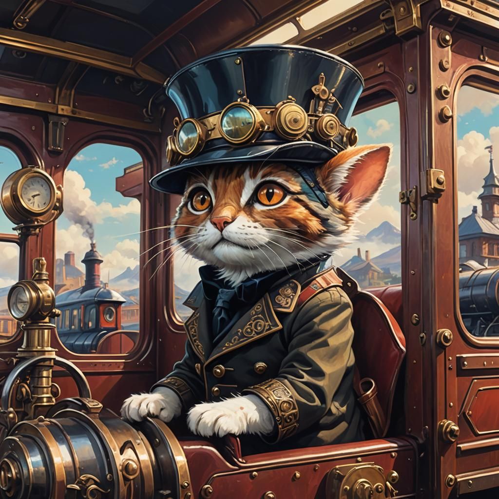 Steampunk Cat Conductor on Steam Train