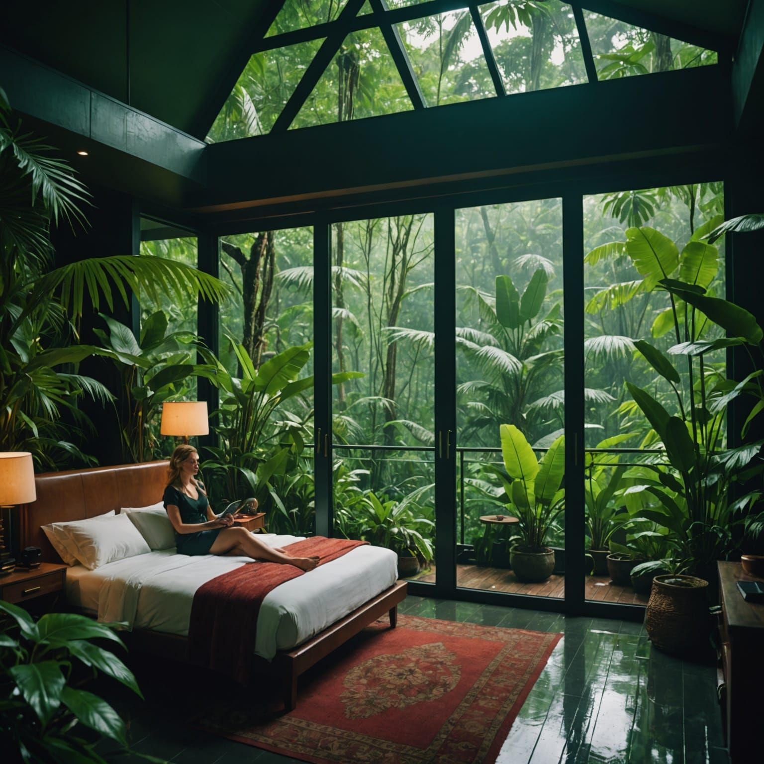 Lush Rainforest Hotel Room in Cinematic Style
