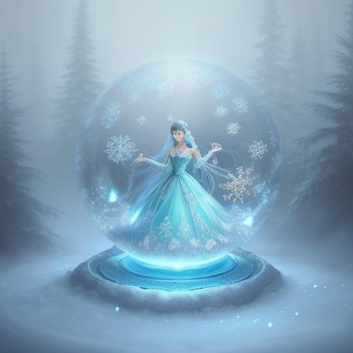 a girl in a blue dress TRAPPED in a glass snow orb with now way out