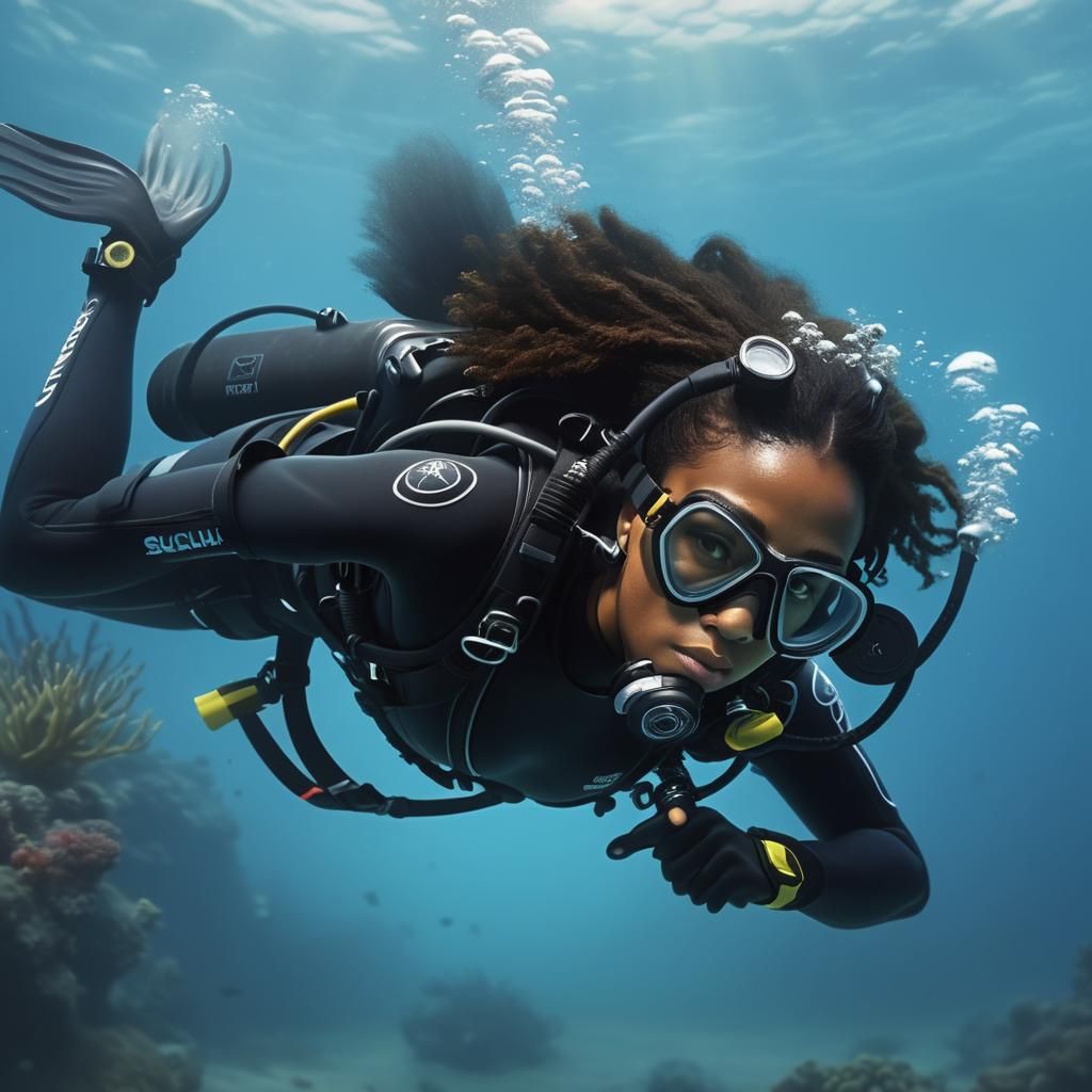 Black Woman Scuba Diver in Detailed Matte Painting
