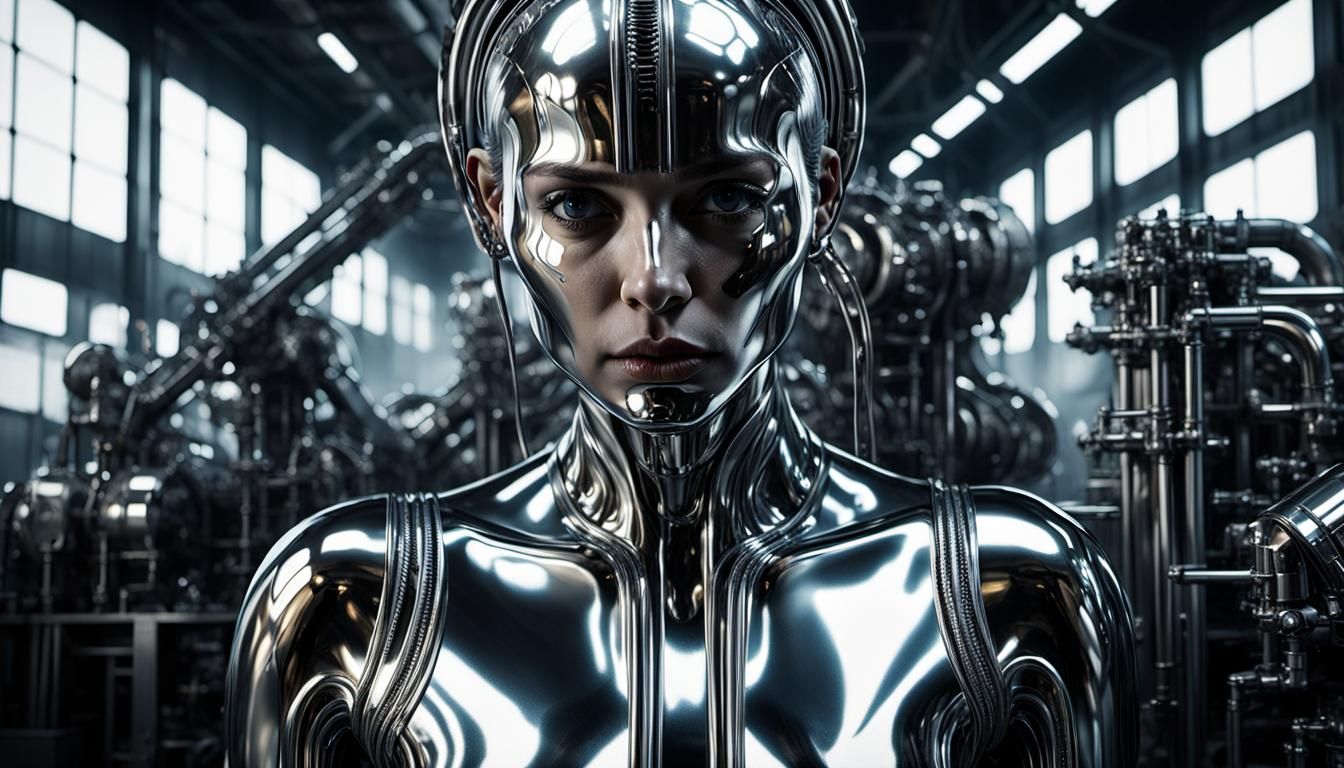 Liquid Metal Woman in Dark Surrealism Style