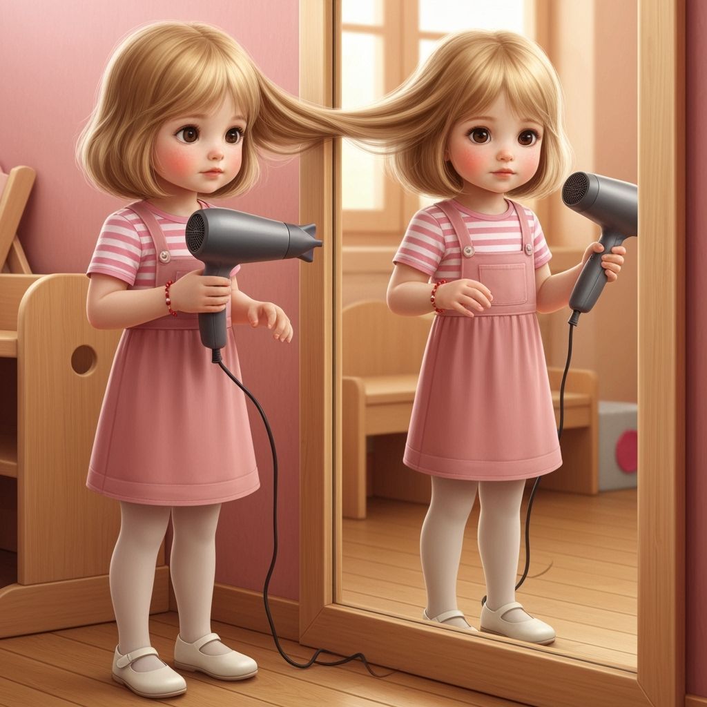Realistic Photo of Girl Drying Hair in Mirror