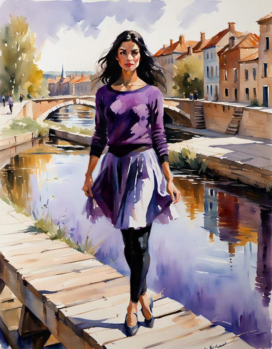Central Asian Woman on Bridge: Watercolor Painting