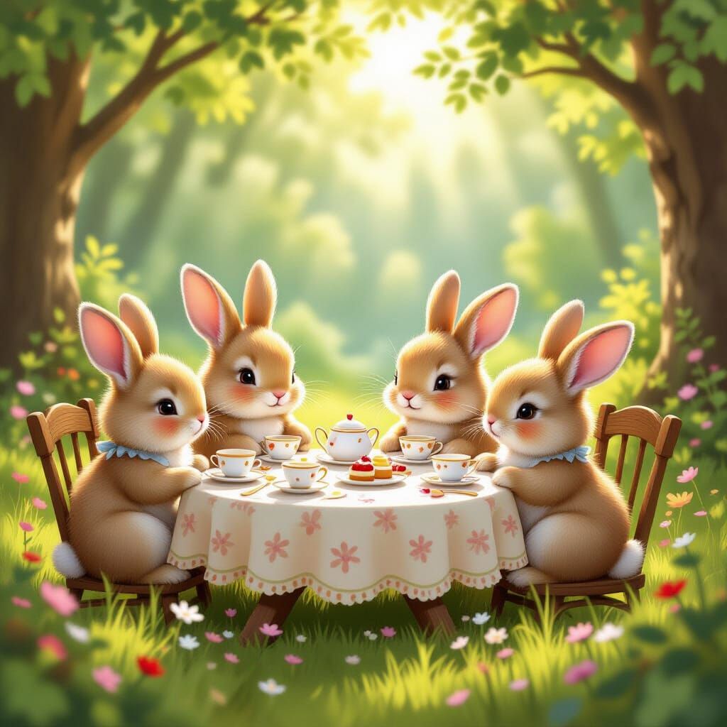 Rabbits Enjoying a Whimsical Tea Party in Woodland
