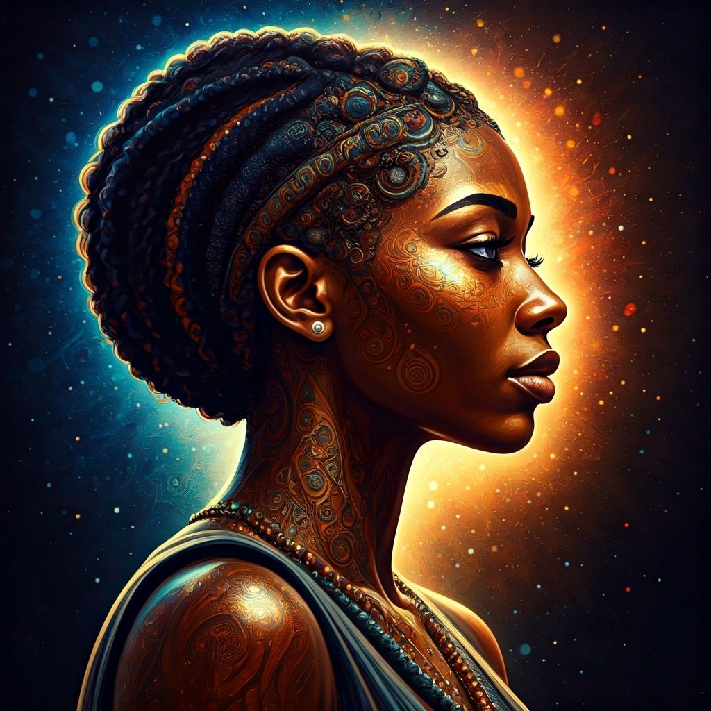 Astral Expressionist Black Woman Amidst Colorful Jazz Stars