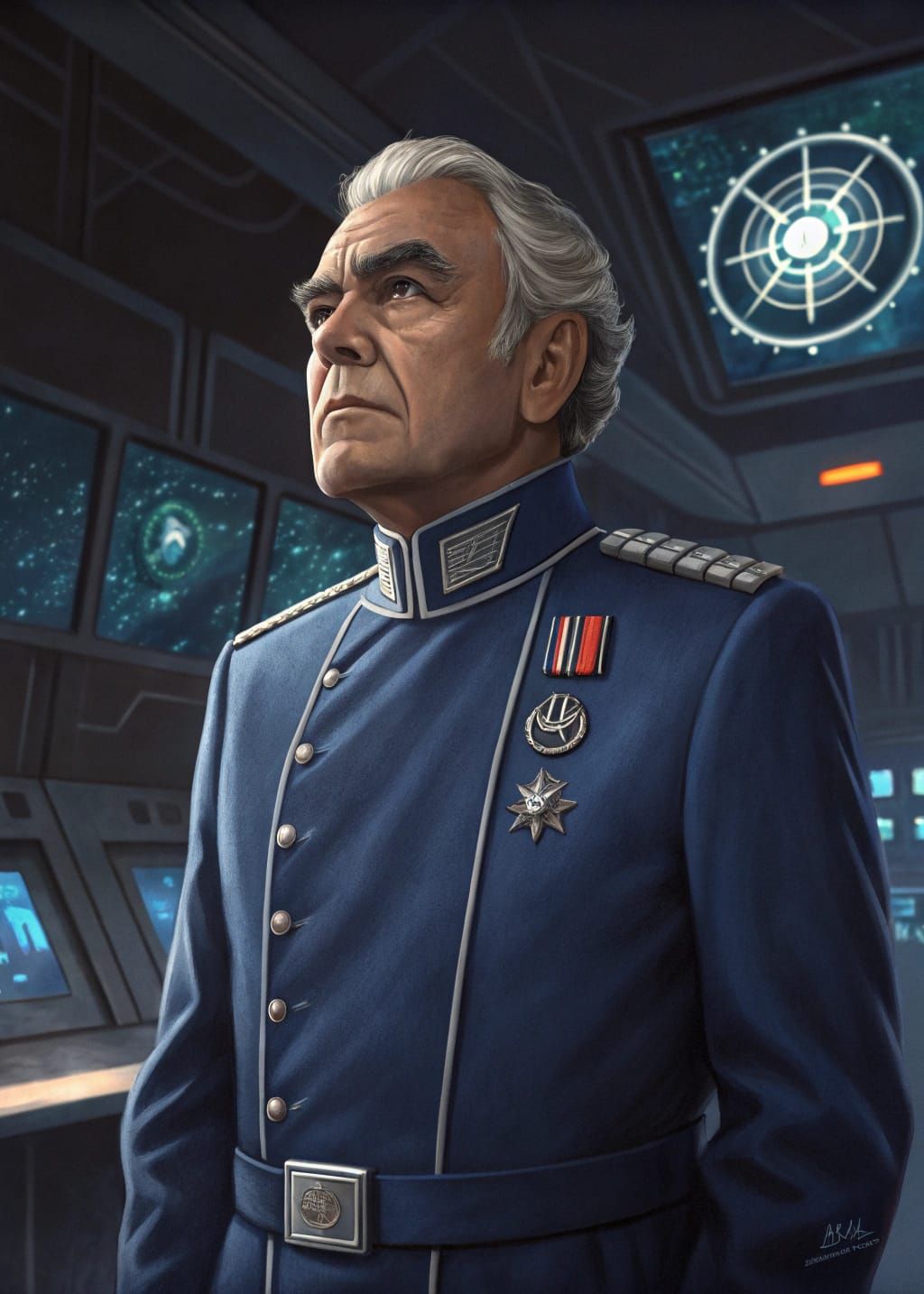 Dignified Commander Adama on Battlestar Galactica Bridge