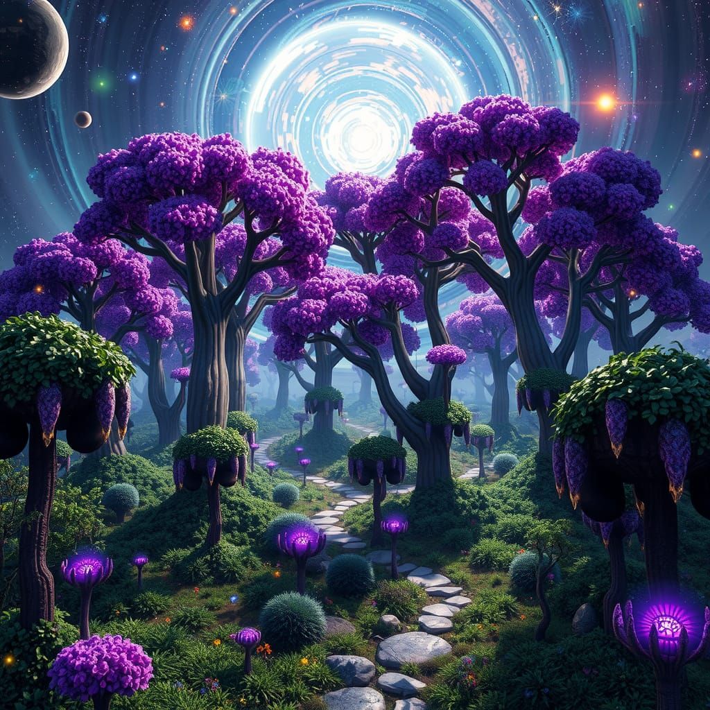Purple Trees on a Cosmic Planet in Ayahuasca Art Style