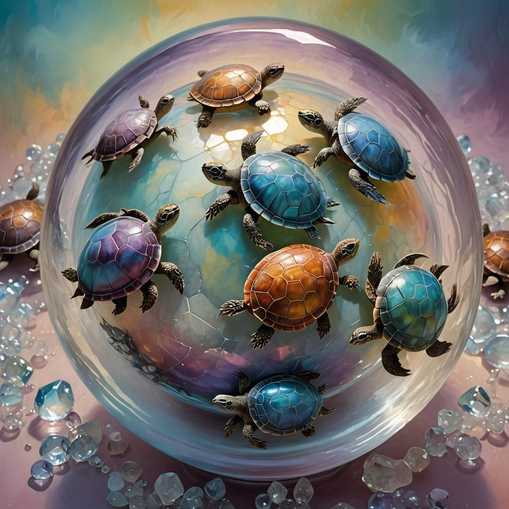 Spiny Turtles in Crystal Ball, Surrealist Dreamscape