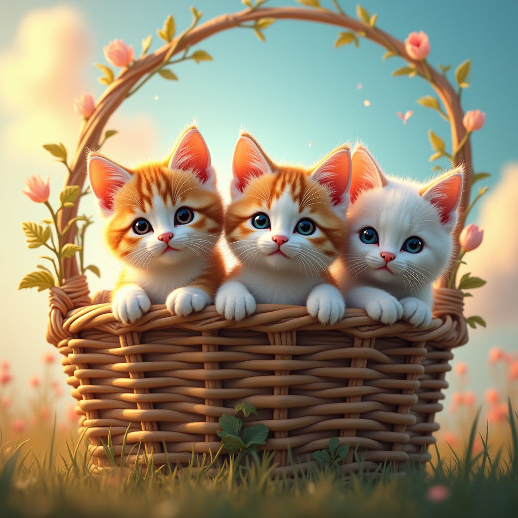 Kittens in Basket: Whimsical Fantasy Art