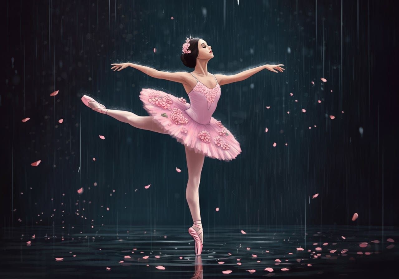 Ballerina Dancing in Rain with Flowers, Klimt-Inspired Art