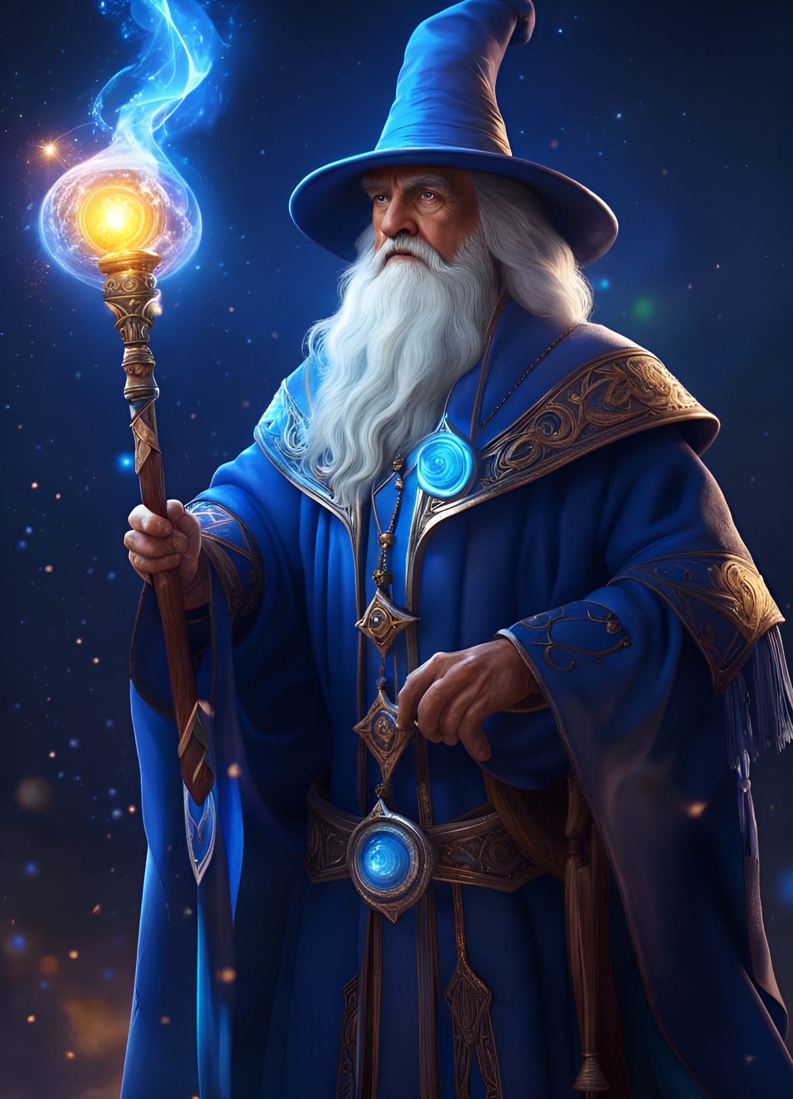 Elegant Wizard with Magical Staff in Hyperrealistic Style