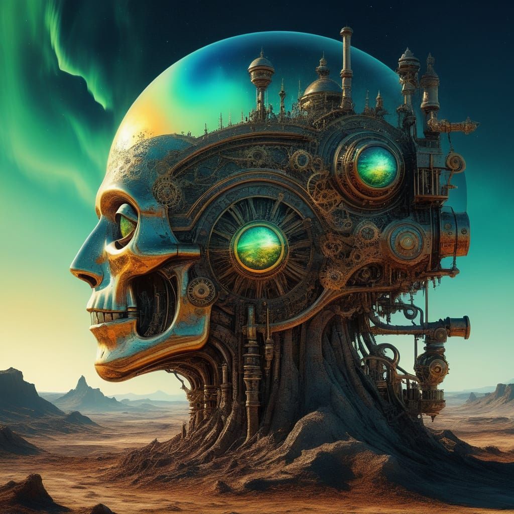Colossal Steampunk Engine in Surreal Alien Landscape
