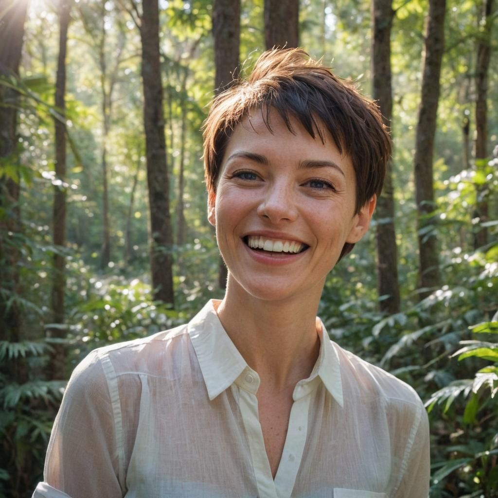 Smiling Woman Portrait in Lush Forest, Photorealistic Art