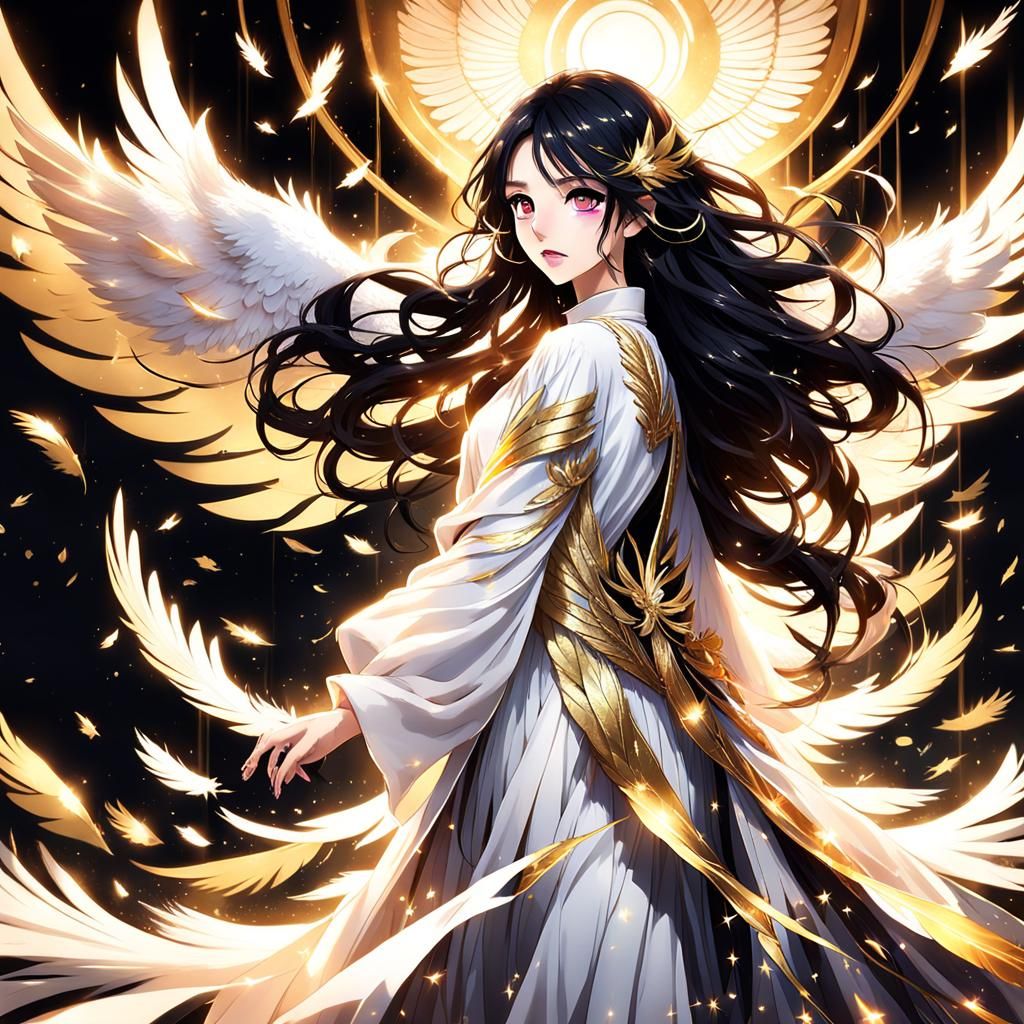 Anime Winged Goddess with Golden Eyes