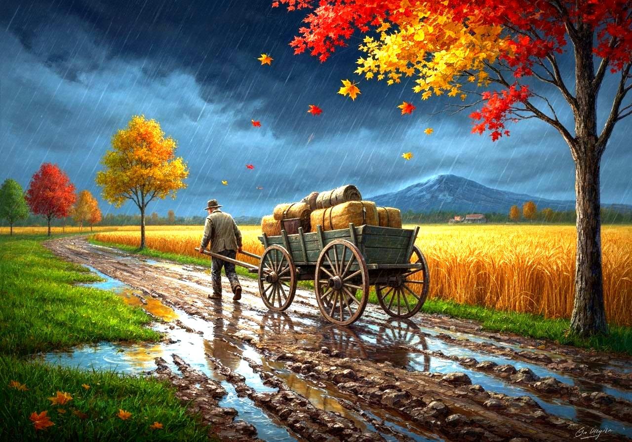 Impasto Oil Painting of Man on Muddy Midnight Road