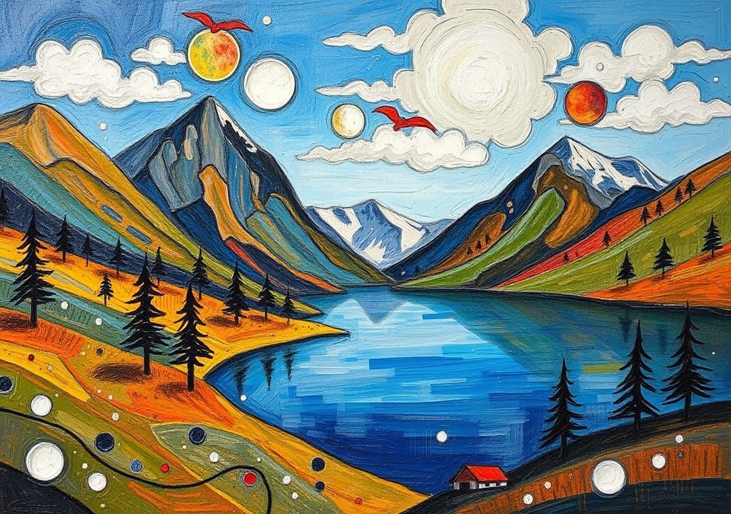 Mountain Lake in Art Brut Oil Painting