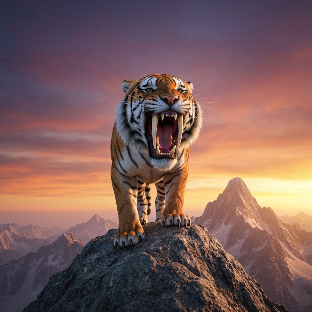 Saber-Tooth Tiger Roars at Majestic Sunset