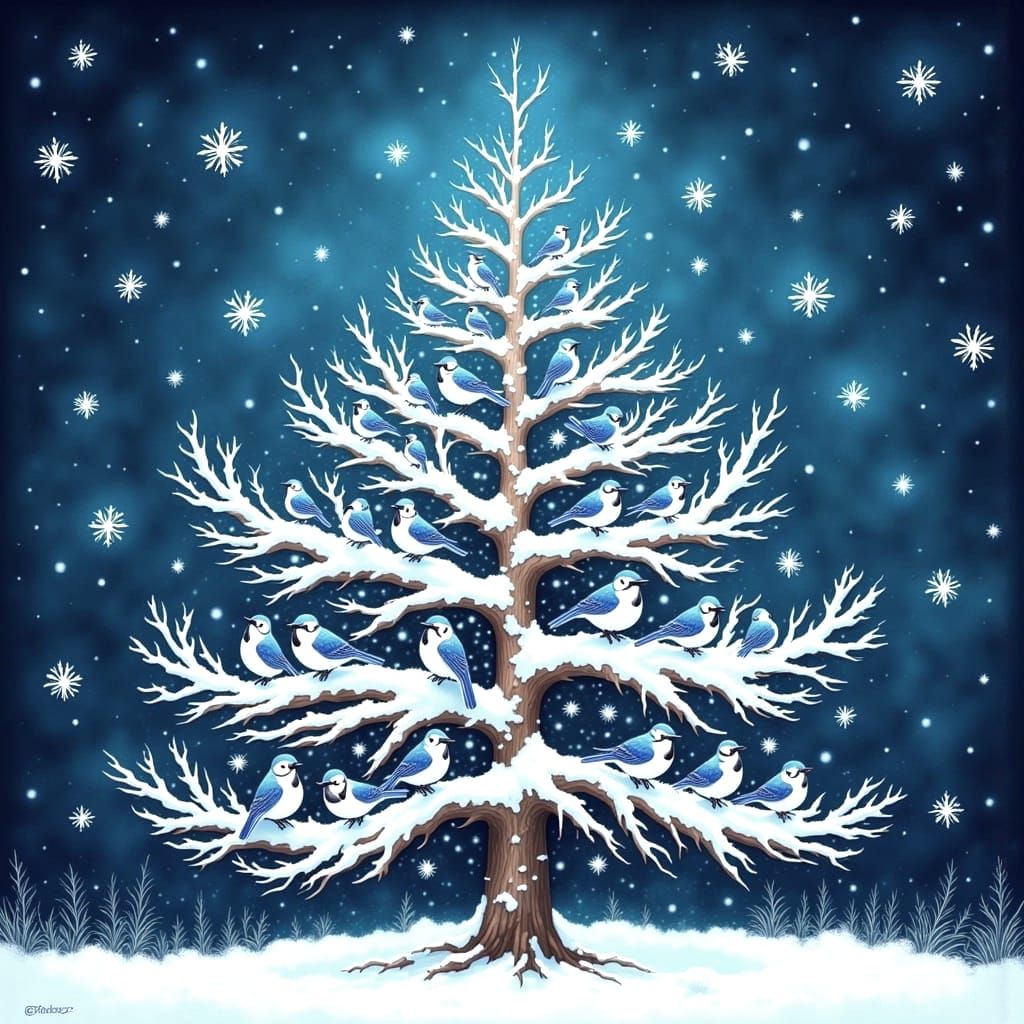 Blue Jays Adorn Pine Tree on Snowy Night